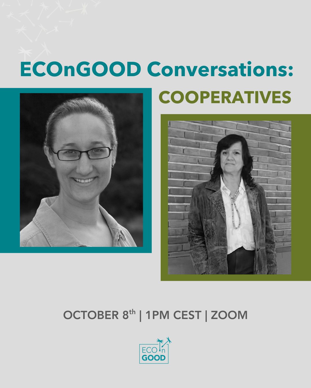 Announcement for ECOonGOOD Conversations on cooperatives featuring two speakers. Event is on October 8th at 1 PM CEST via Zoom.