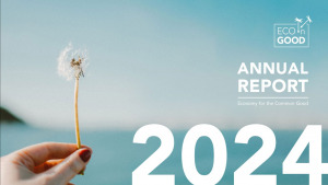Cover image for the 2024 Annual Report titled 'Economy for the Common Good,' featuring a hand holding a dandelion seed head against a clear blue sky.